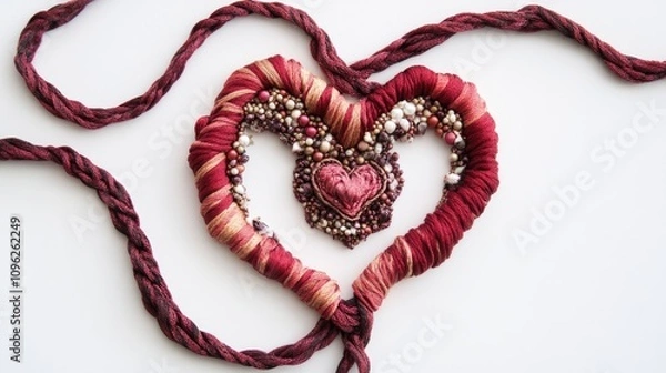 Fototapeta Embellished crimson heart cords featuring spun fabric and decorative pearls symbolizing love and commitment in a creative design.