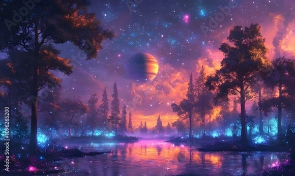 Fototapeta A fantastical forest with bioluminescent plants and creatures under a sky dominated by Saturn
