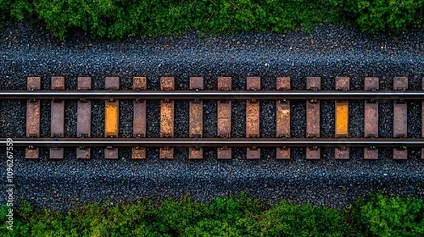Fototapeta Aerial View of Train Tracks Surrounded by Lush Greenery and Gravel Path, Illustrating the Journey and Connection Between Nature and Transportation