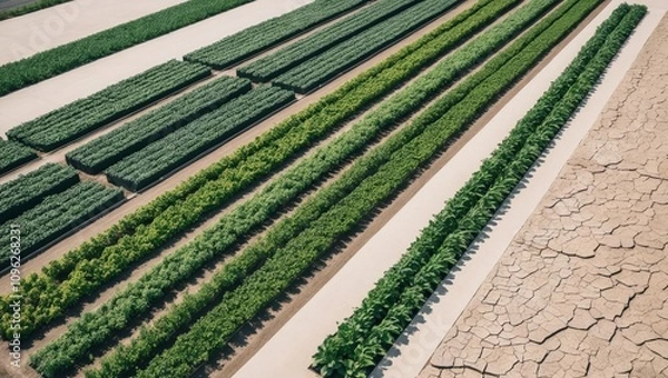 Fototapeta aerial view of urban agricultural cultivated area with neat rows of green plants adjacent to barren cracked surface farming concept.