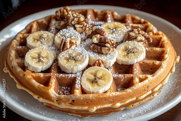 Fototapeta A delicious waffle topped with banana slices, walnuts, and powdered sugar.