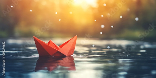 Obraz Paper Boat Floating on Calm Lake in Misty Landscape