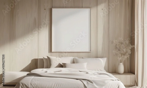 Fototapeta Minimalist bedroom interior with a white bed, wooden wall, and a blank frame
