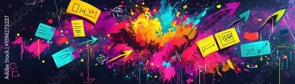 Fototapeta A vibrant explosion of colors with abstract shapes and notes, symbolizing creativity and ideas.
