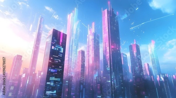 Fototapeta Metaverse Futuristic technology smart city.. Digital futuristic data skyscrapers on technological blue background. Business, science, internet concept,big data connection technology concept. 3d render