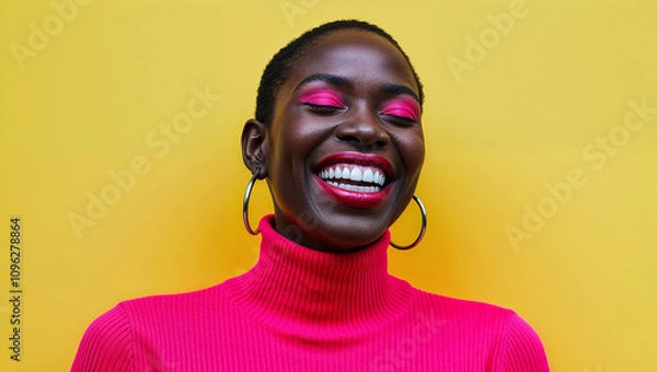 Fototapeta Confident woman smiling brightly in pink turtleneck sweater