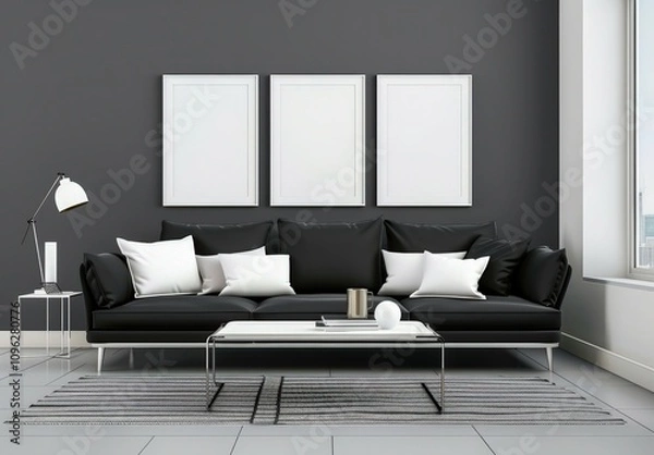 Obraz A minimalist living room with a black sofa, a white coffee table, two framed moon posters, a potted plant, and a rug