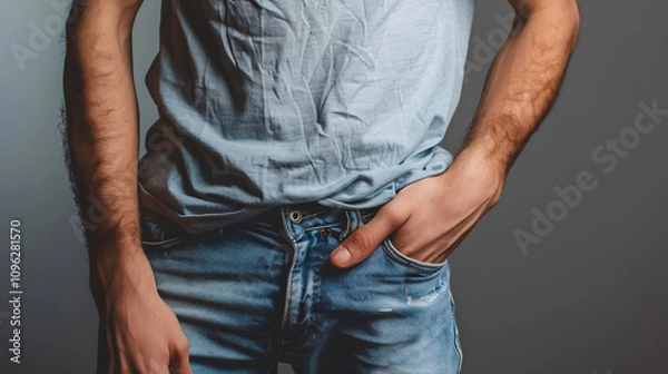 Fototapeta Unhappy Guy: Cropped close-up photo portrait of an unhappy, sad, or upset guy holding and touching his right side, wearing a casual t-shirt and denim trousers, isolated on a grey background.