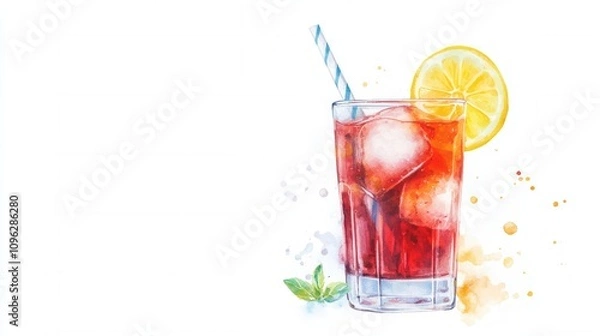 Fototapeta A refreshing drink with ice, lemon, and a straw, illustrated in vibrant colors, perfect for summer or warm days.