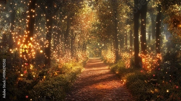 Fototapeta Illuminated forest path adorned with twinkling lights and trees, creating a magical and festive ambiance for the holiday season.