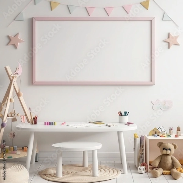 Fototapeta A white framed poster mockup in a nursery room with a white table. a teddy bear. colorful blocks. and a chalkboard