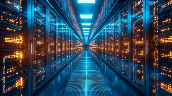 Fototapeta futuristic data center corridor with illuminated server racks, showcasing vibrant blue and orange lights. atmosphere conveys advanced technology and efficiency