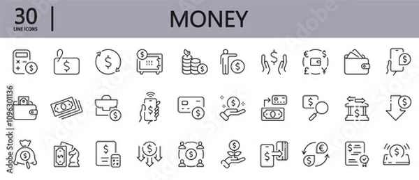 Obraz Money line icons set with Cash, Payment, Currency, Finance, Bank, Dollar, Credit, Investment, Profit and more. Editable Stroke