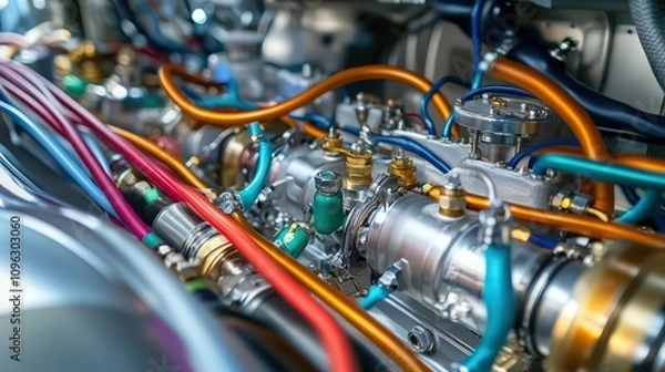 Fototapeta A close-up view of an airplane hydraulic system with colorful wiring and fluid tubes, carefully arranged within the machinery. The components are glossy and finely polished.