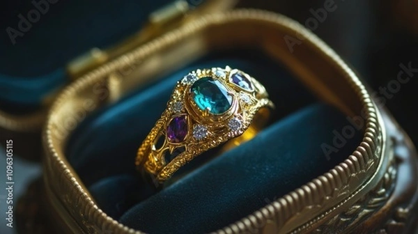 Obraz Elegant vintage gold ring with intricate designs and colorful gemstones in a plush velvet jewelry box, capturing a luxurious and timeless aesthetic for fine jewelry lovers.