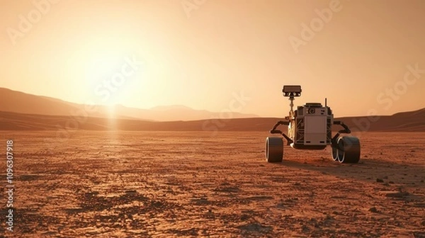Fototapeta Exploration rover captured at sunset in a desert landscape science & technology futuristic environment dramatic viewpoint