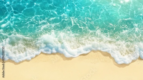 Fototapeta Sea background with clear turquoise water, a sandy seabed visible below, and sunlight sparkling on the waves