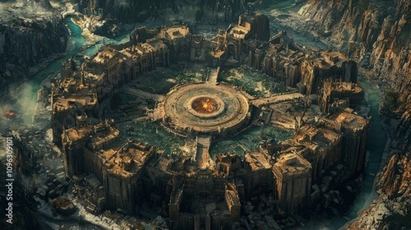 Fototapeta A grand circular fortress city centered around a blazing inferno, nestled among mountains, creating a dramatic and majestic scenic view.