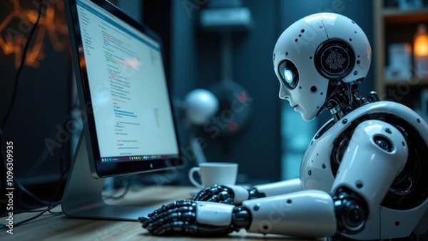 Fototapeta A robot working at a computer with Ci/Cd software on the screen.