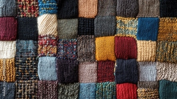 Obraz Close-up view of a richly textured woolen plaid featuring an array of colorful yarn squares, ideal for inspiring knitting and needlework creativity.