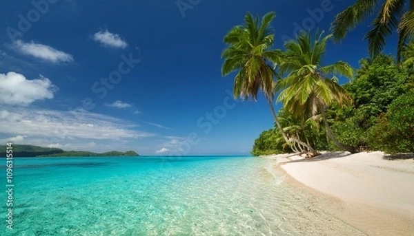 Fototapeta background a peaceful beach with crystal clear water and swaying palm trees