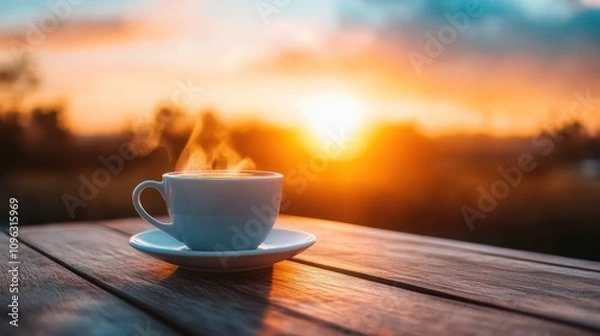 Fototapeta A steaming cup of coffee sits on a wooden table with a vibrant sunset in the background.