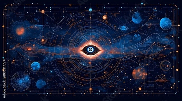 Fototapeta Cosmic eye surrounded by celestial bodies and constellations in a futuristic, digital artwork.