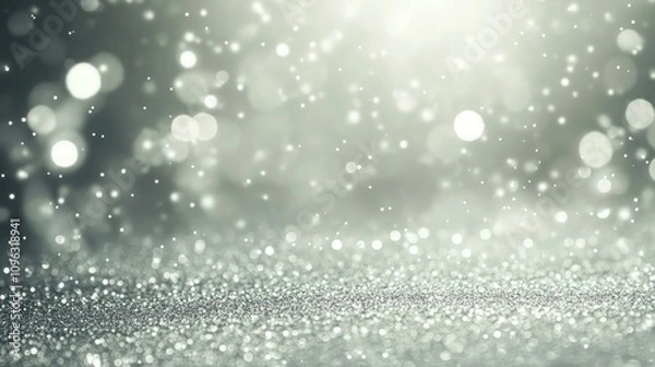 Fototapeta A shimmering silver sparkle backdrop with soft focus, giving the appearance of twinkling lights and glittering particles, all set in a light misty gray tone.