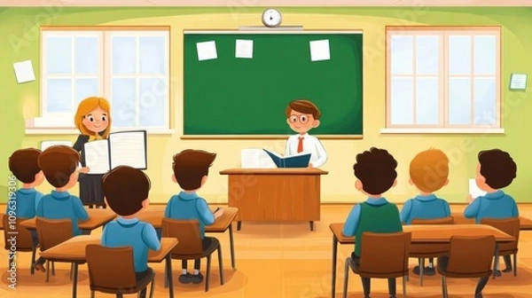 Fototapeta A classroom scene with a teacher and students. The teacher is standing at the front of the class and teaching a lesson. The students are sitting at their desks and listening attentively.
