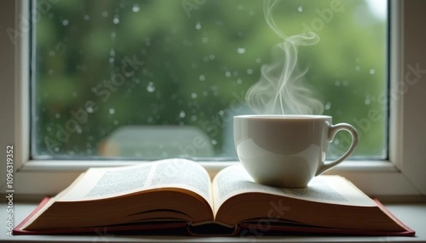 Fototapeta Open book with a steaming cup of tea on a windowsill with a rainy background and ample copy space for book club promotions or cozy event invitations.