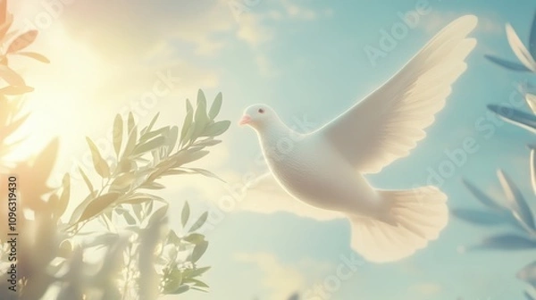Fototapeta Dove in Flight with Olive Branches Against a Peaceful Sky