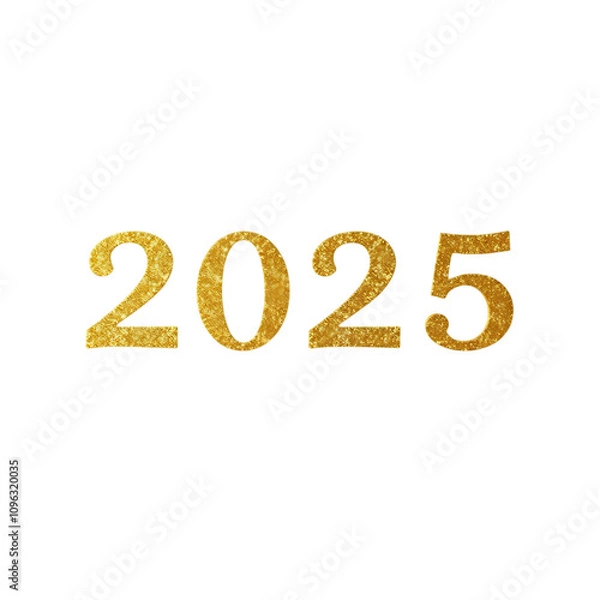 Fototapeta Golden "2025" in glitter texture, isolated on white. Sparkling design ideal for New Year celebrations, invitations, or festive party decor. 