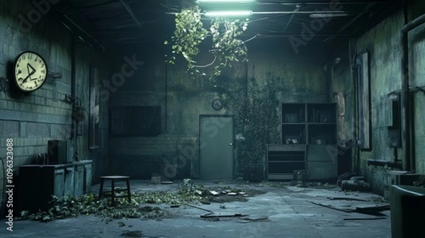 Fototapeta A dark, abandoned factory or warehouse with overgrown plants and a broken clock.