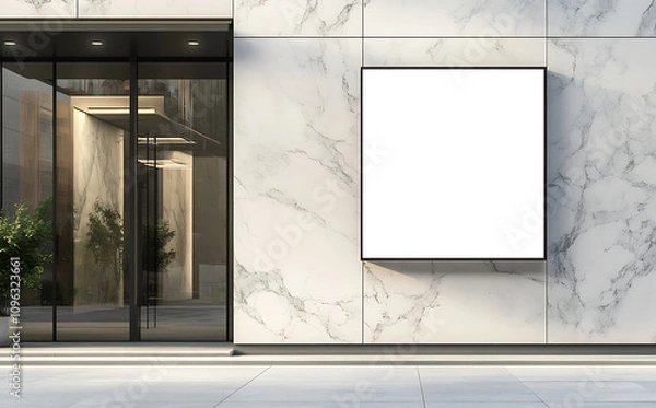 Fototapeta An exquisite marble structure with a blank white square sign hanging on its side