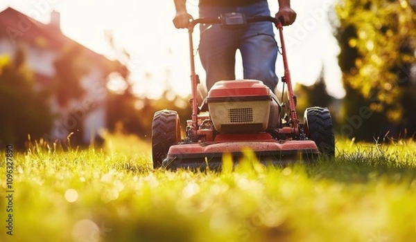 Fototapeta A man mowing the grass with a lawn mower in a garden on a sunny day. The man is working on his home yard or a park, using a lawnmower to cut the green meadow