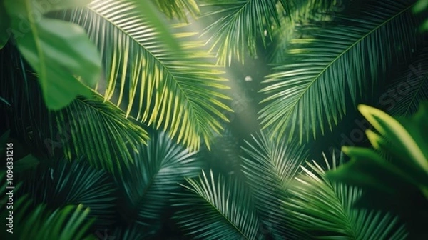 Fototapeta Lush tropical palm leaves creating a vibrant green backdrop, perfect for banners, postcards, and book illustrations with a rich, artistic ambiance.