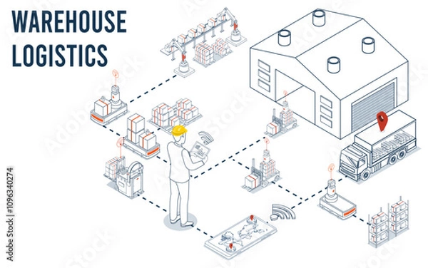 Obraz Smart warehouse logistics combines automated robots and systems to efficiently manage inventory flow and operations. Vector illustration EPS 10