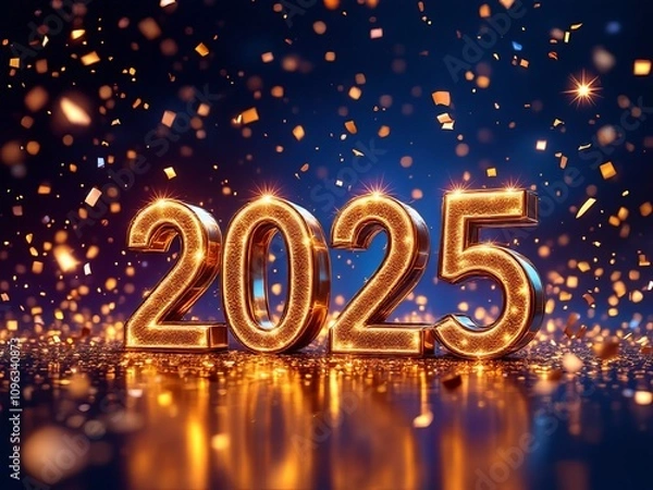 Fototapeta Sparkling confetti, countdown clock, 2025. Happy New Year's eve.