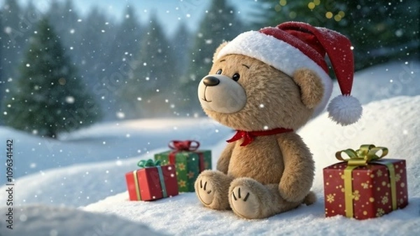 Obraz Teddy bear with joyful expression sitting on snow with Christmas gifts in winter landscape