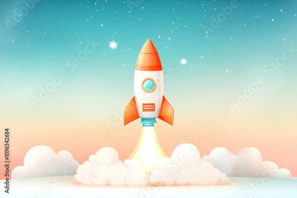 Fototapeta Joyful Travel. A colorful rocket launches into a pastel sky, surrounded by fluffy clouds and twinkling stars, symbolizing adventure and exploration.