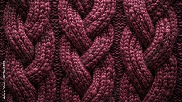 Fototapeta A rich maroon knitted pattern featuring intricate cable designs, showcasing the texture and warmth of the fabric.