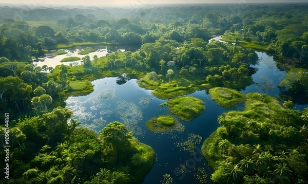 Fototapeta Ecosystem Diversity, Aerial image capturing a diverse forest area, with visible clearings, dense patches, and water bodies
