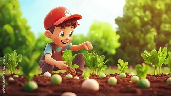 Fototapeta Young Child Harvesting Fresh Vegetables in Bright Garden with Lush Green Foliage and Energetic Atmosphere, Celebrating Nature and Agriculture