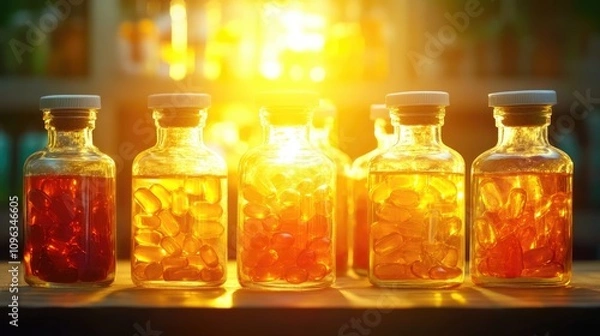 Fototapeta Array of glass bottles filled with Vitamin D capsules and tablets, illuminated by soft natural light, highlighting winter supplementation options.