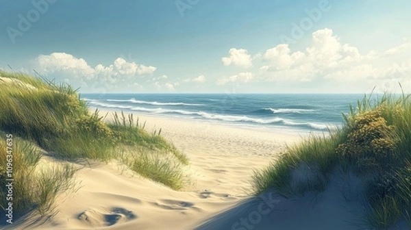 Fototapeta Scenic coastal land with sandy beaches and rolling dunes, creating a tranquil seaside view