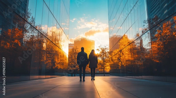 Obraz Two individuals enjoy a serene moment in an urban landscape while the sun sets between skyscrapers on a clear evening