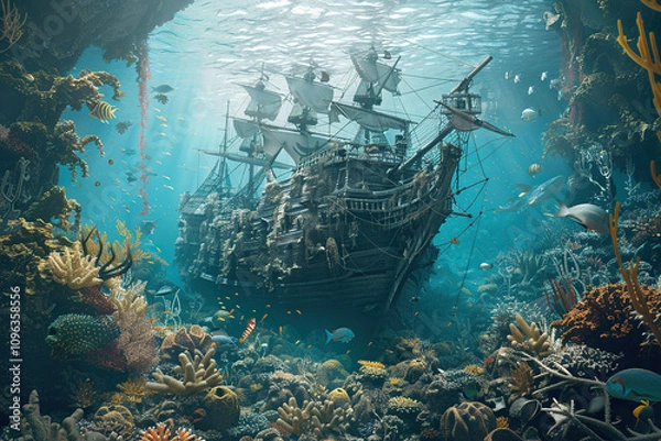 Fototapeta Underwater view of an sunken ship on seabed with fish swimming around