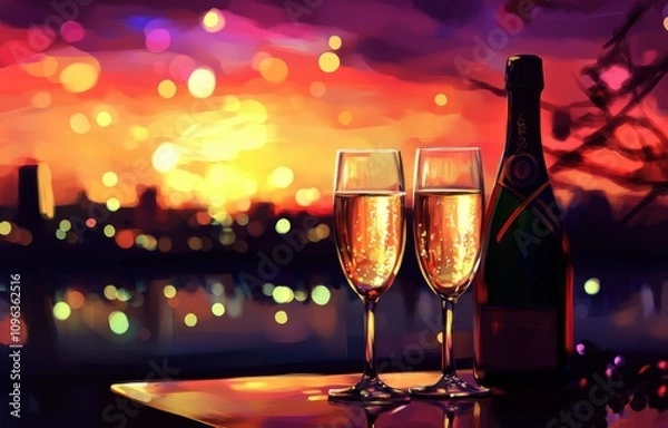 Fototapeta Two glasses of champagne and a bottle on a table against a city lights background, in the style of a digital illustration, colorful and beautiful, evoking a romantic evening.