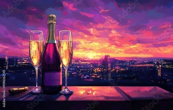 Fototapeta A bottle of champagne and two glasses on the table, overlooking city lights at sunset, in the style of digital art, warm color palette, purple and pink sky, fantasy, magical realism, dreamy atmosphere