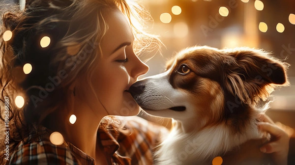 Obraz Banner of joyous woman bonding with dog amidst playful light bubbles in warm ambiance
